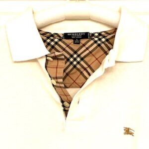 Burberry London Long Sleeve Polo, White, 100% Cotton, Size L
